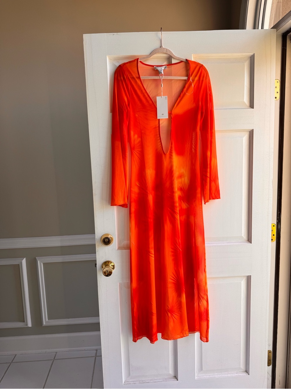 NWT Caroline Constas Women's Orange Floral Long-Sleeve Swim Cover-Up Dress - Picture 6 of 6